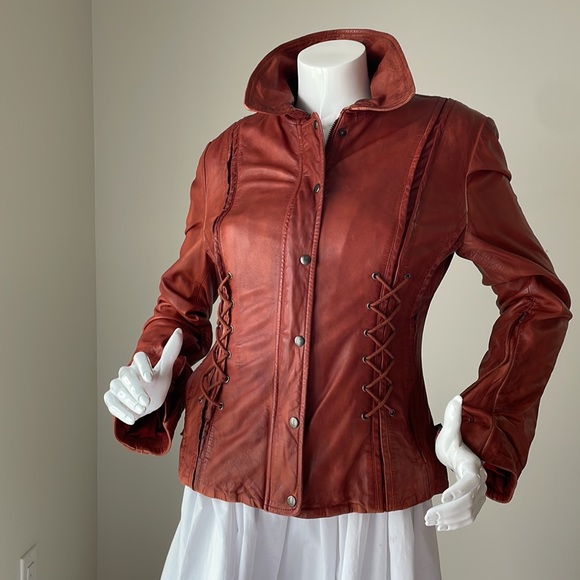 Tru culture:Decadent Cognac Corset Distressed Leather Jacket Size S. - Picture 2 of 16
